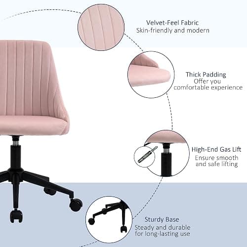Vinsetto Mid-Back Office Chair, Velvet Fabric Swivel Scallop Shape Computer Desk Chair for Home Office or Bedroom, Pink - Pink thumbnail 8