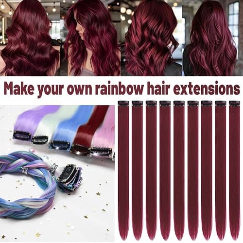 TOFAFA 22 inch Burgundy Hair Extensions, Colored Party Highlights Clip in Synthetic Cherry Red Hair Extensions, Colorful Long Straight Hairpieces for Girls Women Kids Favor Gift(10 PCS Wine Red) thumbnail 2