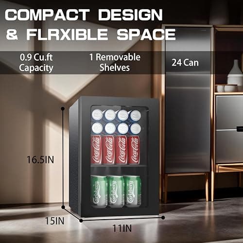 Erivess Compact Freestanding Beverage Refrigerator, 24 Can/0.9 Cubic Feet Mini Fridge with Acrylic Front Door for Soda, Beer or Wine, Under Counter Small Refrigerator with Adjustable Shelves for Home thumbnail 2