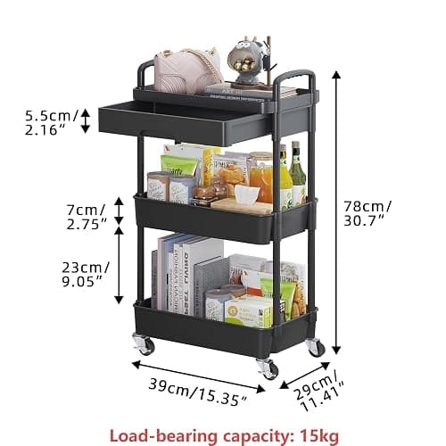 Calmootey 3-Tier Utility Cart with Drawer & Wheels, Storage for Home,Office | Space-Saving Organizer, Sturdy Plastic Shelves, Smooth-Rolling Metal Wheels, Built-in Drawer for Small Items, Black thumbnail 3