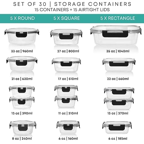 Razab 30 PC Glass Food Storage Containers with Lids - Reusable Glass Meal Prep Containers for Lunch and Leftovers - Airtight & Leakproof Snap Locking Lids - Oven, Freezer, Microwave, Dishwasher Safe thumbnail 2
