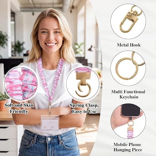 Pink & Green Scrunchie Lanyard for ID Badges Stretchy Teacher Lanyards | Scrunchie Lanyard for Id Badges, Teacher Gifts Lanyards Stretchy Scrunchie Lanyard with Id Holder for Women thumbnail 7