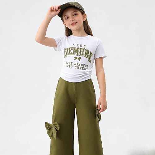 Zylvae Girls 2 Pieces Outfits Graphic Letter Print Crop Top & Bow Wide-Leg Pants Girl Clothes Set 8-13 thumbnail 2