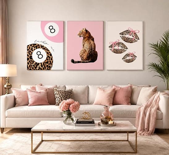 3pcs Pink Cheetah Wall Art Preppy Leopard Wall Decor 12x16in Framed | Leopard Bow Print Painting Lucky 8 Ball Poster Fashion Aesthetic Picture for Girly Bedroom Dorm Apartment thumbnail 2
