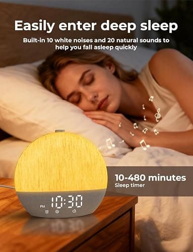 LIORQUE Sunrise Alarm Clock, Digital Alarm Clocks Bedside, Wake up Light with White Noise for Heavy Sleepers, 30 Sleep Sounds, Sleep Timer, Adjustable Volume & Brightness,Screen Free Design, Bluetooth thumbnail 6