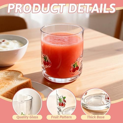 Trxvxo 4 Pcs Fruit Icon Juice Glasses, Anthropologie Cups 14 Oz | Cute Pattern Icon Glass Cups for Drinking, Coffee, Home, Birthday Party, Holiday Gift thumbnail 4