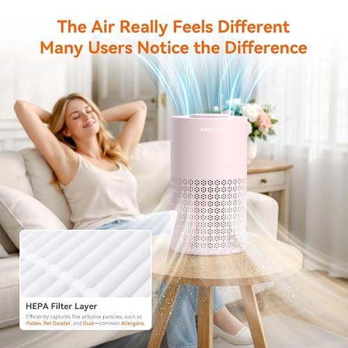 AIRROMI Air Purifier for Bedroom with HEPA 3-in-1 Filter, Pet Air Purifier for Home Cat Pee Smell, Covers Upto 990 Ft², Quiet 360° intake Air Cleaner for pet hair,allergies,Dust,Smoke A2001 Pink thumbnail 8
