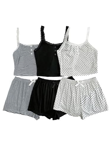 SOLY HUX Women's 6 Piece Pajama Sets Cami Tops and Shorts Sleepwear Set | Lace Pj Sets, Polka Dots Striped Lounge Set - Image 1