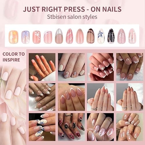 Stbisen Pink Press On Nails Short Oval, Summer Fall Fake Nails Featuring Petal Designs and Gold Detailing, Glossy Gel Finish Acrylic Nails, Thick Reusable Glue On Nails Kit for Women, Gilded Blossom thumbnail 6
