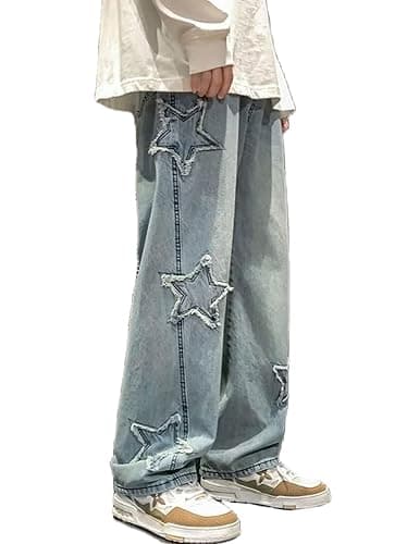 FCOOLYEET Mens Y2k Jeans Hip Hop Baggy Star Denim Pants Straight Leg Demin Joggers Aesthetic Graphic Jeans Streetwear - Image 1