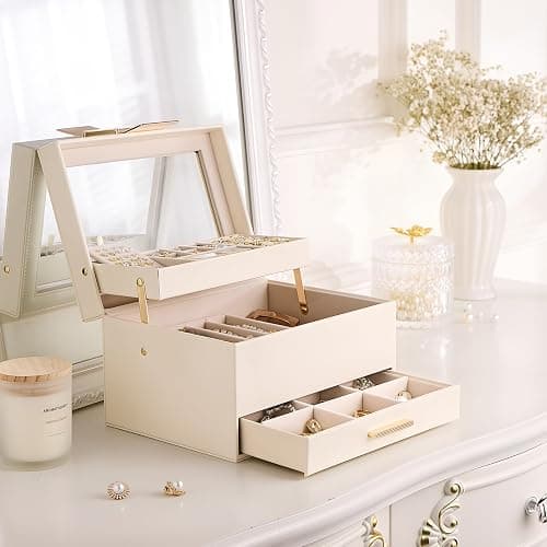 Lolalet Jewelry Box, Clear Window Jewelry Organizer with Drawer for Earrings Bracelets Necklaces Rings, Jewelry Storage for Women -White, 3 Layers thumbnail 7