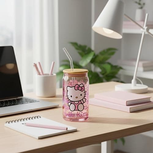 Silver Buffalo Sanrio Hello Kitty Waving Pink Glass Jar Tumbler with Bamboo Lid and Glass Straw, 16 Ounces | Sanrio, Waving, Jar, Tumbler, Bamboo Lid, Glass Straw thumbnail 10