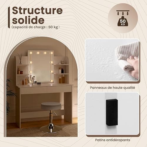 WOLTU Coiffeuse avec Miroir LED, Coiffeuse avec Tabouret Réglable en Hauteur, Table de Maquillage avec 2 Tiroirs 4 Étagères Ouvertes, 108x40x142cm, Bureau Coiffeuse Blanche en Bois, MB6106ws thumbnail 7