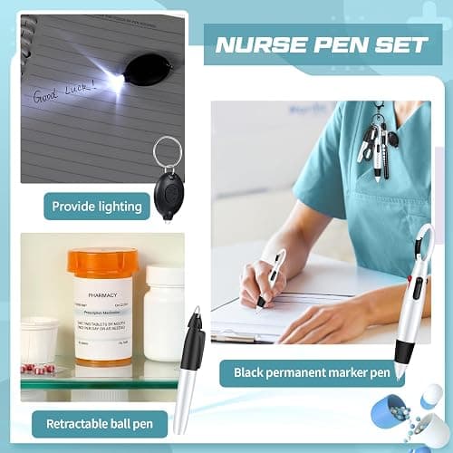 6-Piece Black Nurse Pen Set - Includes Retractable Ballpoint Pens, Permanent Markers, Badge Clips, Foldable Scissors & LED Flashlight - Essential Nursing Accessories thumbnail 3