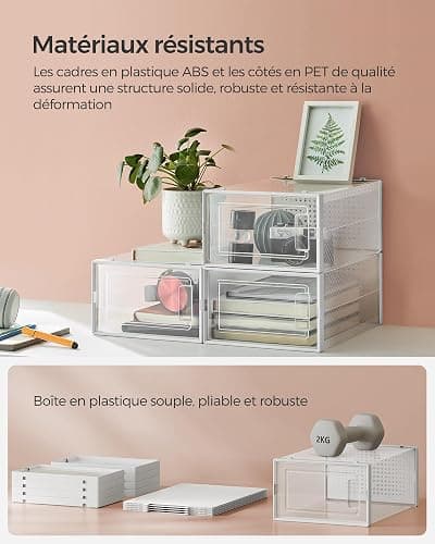SONGMICS Boîtes à Chaussures, Lot de 18, Rangement Chaussures, Pliable, pour Pointure Jusqu’à 44, Transparent et Blanc LSP18SWT thumbnail 6