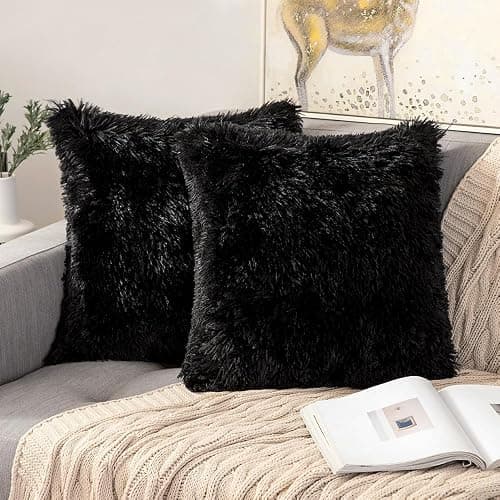 ANRODUO Pack of 2 Black Throw Pillow Covers Luxury Fluffy Pillows Faux Fur Decorative Pillows Plush Cushion Case Fuzzy Mongolian Merin Style for Bed Couch Sofa Living Room Halloween Decor 18x18 Inch - Image 1