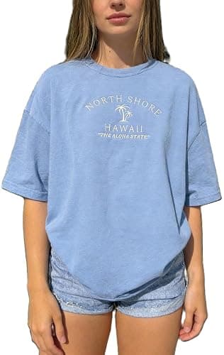 Womens Oversized Vintage Flower T-Shirts Preppy Western Graphic Tees Tops Y2k Ocean Coastal Summer Beachy T Shirts - Image 1