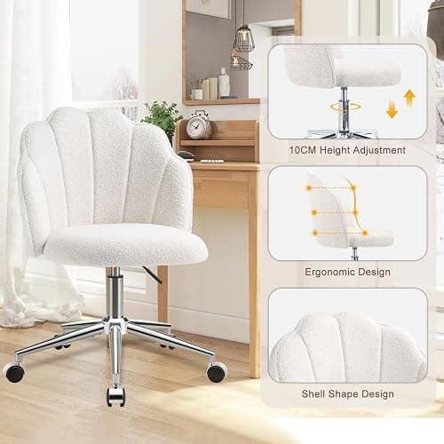 Eufurnibi Vanity Chair for Dressing Table with Wheels, Boucle Desk Chair for Bedroom, Swivel Armchair for Home, Height Adjustable&Easy Assembly, White/Beige thumbnail 3