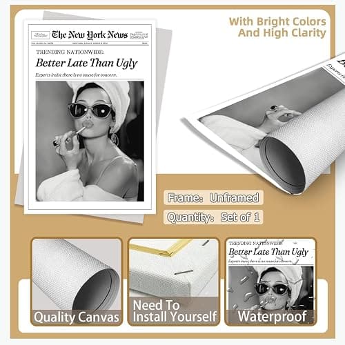 FBKDVC Funky Girl Ästhetisches adrettes Poster, trendiges schwarz-weißes Leinwandbild, Wandkunst "Better Late Than Ugly", Zeitungs-Kunstdruck für Badezimmer, Mädchen, Wohnheim, Wohnung, Zimmer, 30,5 x thumbnail 7