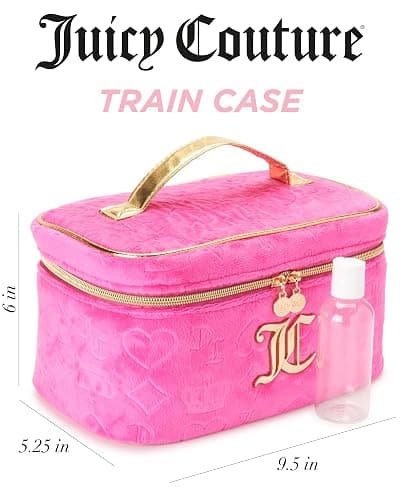 Juicy Couture Hot Pink Makeup Bag Cosmetics Organizer Travel Essentials Train Case Velour Heart Crown thumbnail 3