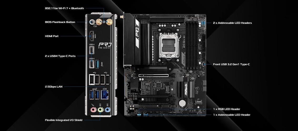 ASRock X870 Pro-A WiFi ATX Motherboard - AMD AM5 Ryzen 9000/8000/7000, DDR5 8000+(OC), PCIe 5.0, Dual USB4 Type-C, Wi-Fi 7, 2.5GbE thumbnail 3
