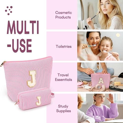 2 PCS Initial Makeup Bags for Women: Cosmetic Bag for Travel Toiletry - Birthday Gifts for 11 12 13 14 15 16 17 18 Years Old Girl Graduation Teacher Gift- Teen Girl Gifts Trendy Stuff - Pink J thumbnail 4