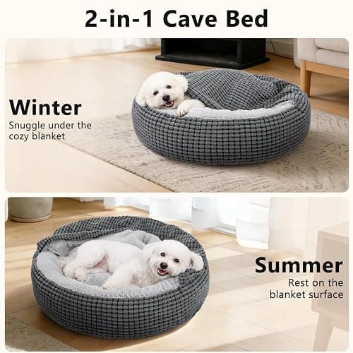SIWA MARY Dog Bed with Attached Blanket for Small Dogs or Cats, Soft Plush Cozy Donut Cuddler Hooded Pet Beds Washable. Round Puppy Bed Orthopedic, Calming Cat Cave Bed. Anti-Slip Bottom 26inch thumbnail 2