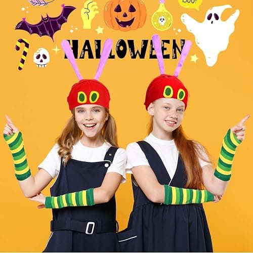 GANSHAYA 4 Pcs Halloween Caterpillar Costume Accessory Book Character Cosplay Red Knitted Beanie Hat Headband Socks Gloves for Halloween Cosplay Party thumbnail 6