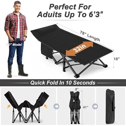 ABORON 2PK XXL Camping Cot for Adults 900LBS - 78"×32" Oversized Folding Bed with Mattress Pad, Heavy Duty 1200D Oxford Outdoor Cot with Carry Bag thumbnail 3