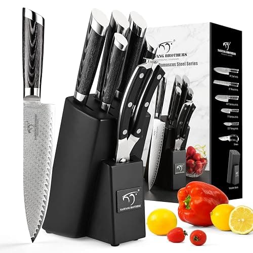 NANFANG BROTHERS Damascus Knife Set, 7 Pieces Kitchen Knife with Block, ABS Ergonomic Handle for Chef Knife Set, Kitchen Shears, Knife Block Set - Image 1