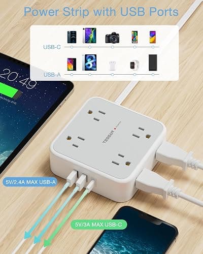 TESSAN Surge Protector Flat Extension Cord Flat Plug Power Strip, 8 AC Outlets, 3 USB Charger(1 USB C Port) 3 Sided Outlet Extender, 5 Ft, 900 Joules Protection, Office Supplies, Dorm Room Essentials thumbnail 4