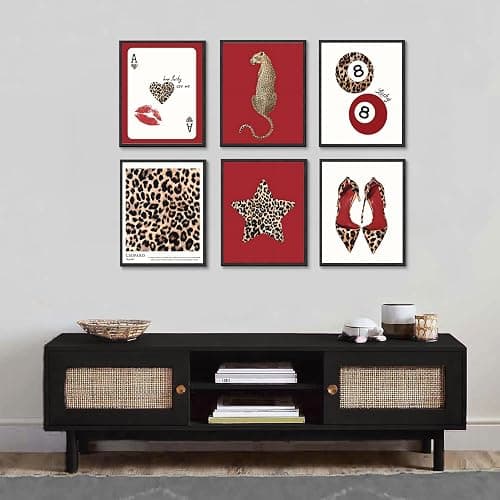 6Pcs Trendy Leopard Wall Art Prints Funky Red Lucky 8 Ball Posters Vintage Preppy Room Aesthetic Cheetah Wall Decor Pictures for Girly Bedroom Apartment Dorm Unframed (10L" x 8W") thumbnail 4