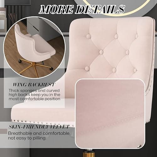 Velvet Armless Home Office Desk Chair, Swivel Height-Adjustable Small Cute Vanity Chair for Women/Girls, Comfy Makeup Chair with Rivet and Gold Base for Living Room, Bedroom(Light Pink) thumbnail 7