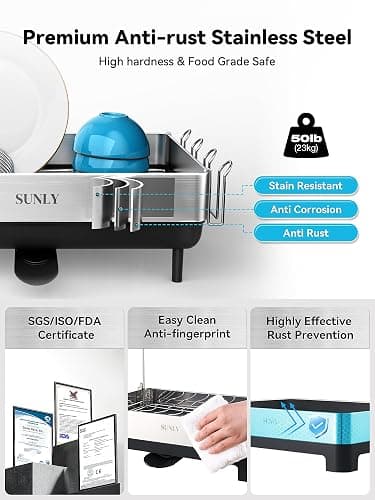 SUNLY Large Dish Drying Rack, Expandable Dish Racks for Kitchen Counter, Space Saving 304 Stainless Steel Drying Rack Kitchen, Extra Large Drainer with Multifunctional Flip Up Pegs, Black thumbnail 5