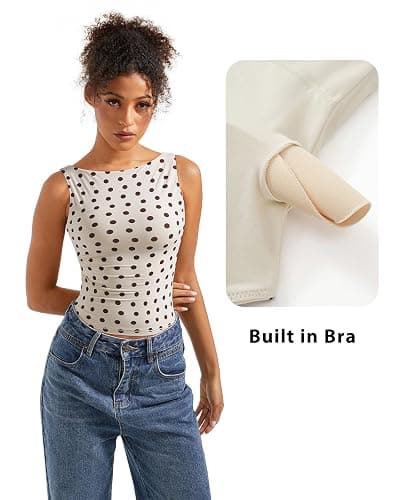 SUUKSESS Women Padded Open Back Boat Neck Tank Top Double Lined Basic Shirt | Backless Sleeveless Built in Bra Tops Slim Fitted Summer Going Out Top thumbnail 3