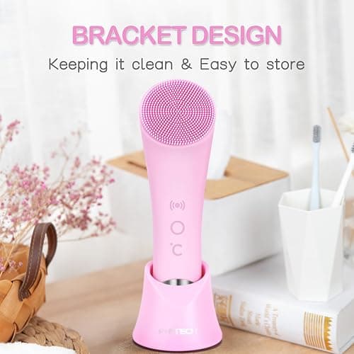 PRITECH Facial Cleansing Brush, Rechargeable Silicone Face Scrubber with Heat Massage End, Vibrating Exfoliator Scrubber for Deep Cleaning, Waterproof Face Brush for Women and Men (Pink) thumbnail 9