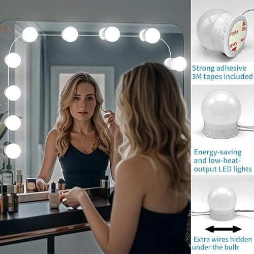 LED Vanity Mirror Lights with 14 Dimmable Bulbs, 3000K 4500K 6500K & 10 Brightness Levels Adjustable, Plug in USB Cable, Hollywood Style Stick On Mirror Lights for Makeup Desk Bathroom Dressing Room thumbnail 6