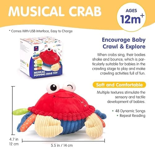 hahaland Baby Toys 12-18 Months - Crawling Musical Dancing Walking Moving Bouncing Learning Crab Tummy Time Toy Sensory Toddler Travel Toys for 1-3 Year Old Christmas Birthday Gifts Stocking Stuffers thumbnail 6