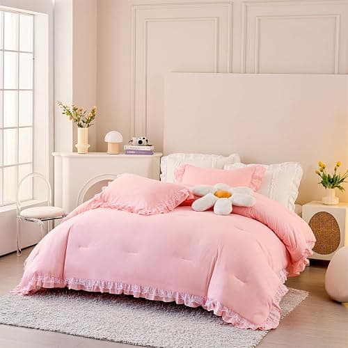 MOOWOO Chic Ruffle Lace Comforter Set -Girl Pink Bedding-2 Piece Twin Bed Quilt -Aesthetic Bedding,Ultra Soft and Durable,Fluffy Bed Comforter Sets for All Season thumbnail 2