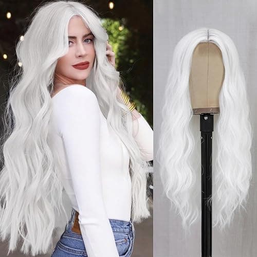 YBYMCAI White Wig - Long White Wavy Wigs for Women Middle Part Cosplay Wigs 26 inch Natural Curly Synthetic Wig Heat Resistant Fiber Wigs for Daily Party Use - White - Image 1