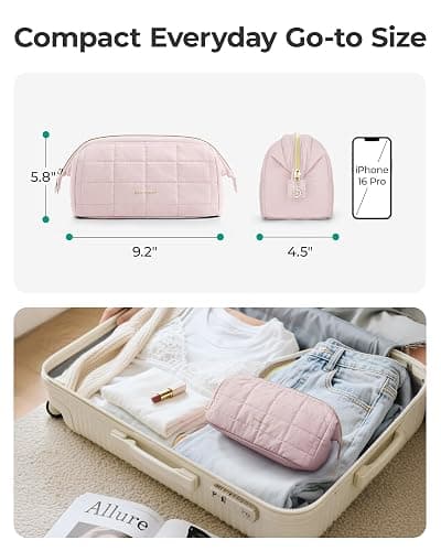 BAGSMART Makeup Bag Travel Toiletry Bag, Wide-open Zipper Pouch, Dusty Rose | Puffy Padded, Travel Essentials, Make Up Bag, For Women, Makeup Organizer, Toiletries Accessories Brushes thumbnail 5