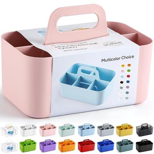 Multiuse Caddy Organizer with Handle, Portable Divided Plastic Tote Bin - Art Craft, Stationary Pen Marker Crayons, Makeup Hair Supplies Storage - Bathroom, Classroom, Dorm, Office, Desk Holder - Pink thumbnail 8