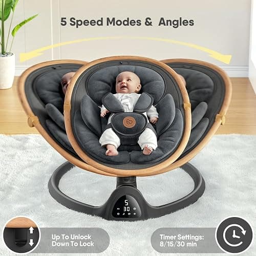 FasonBaby Baby Swing for Newborn, Electric Baby Swings with Music Speaker, 3 Seat Positions, 5 Speeds and Remote Control - Portable Infant Swing for Indoor and Outdoor (Dark grey) thumbnail 3