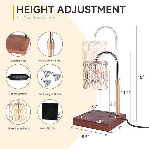 TOACSUCP Candle Warmer Lamp with 3 Bulbs, Adjustable Height Dimmable Candle Warmer with Timer, Compatible with Large Jar Candles, Candle Lamp with Charming Gift Box Ribbon for Her/Him(Walnut) thumbnail 2