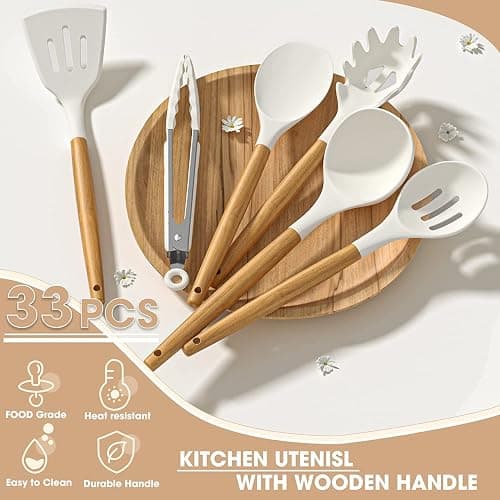 Umite Chef Kitchen Cooking Utensils Set, 33 pcs Non-stick Silicone Cooking Kitchen Utensils Spatula Set with Holder, Wooden Handle Silicone Kitchen Gadgets Utensil Set (Cream White) thumbnail 7