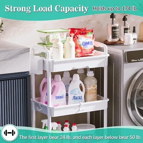 SUNALLY 3 Tier Rolling Cart with Drawer, Bathroom Storage Organizer with 2 Lockable Wheels, Multifunctional Rolling Storage Cart for Bathroom, Kitchen, Office, Craft, Makeup, Baby Essentials, White thumbnail 6