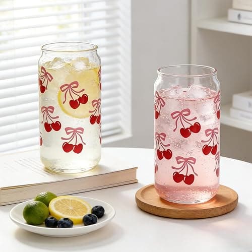 Mason Life Cherries Bows Glass Cups with Lids and Straws, 18OZ Cherry Decor Iced Coffee Cups with Lids, Cute Glass Cups Valentine's Day Gift for Women, Coquette Aesthetic Glass Cups -Set of 2 thumbnail 5