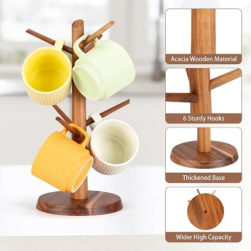 E-ROOM TREND Acacia Wood Mug Holder Tree, 6 Hooks Wooden Mug Organizer for Kitchen Counter & Coffee Bar, Easy to Assemble, Natural Wood Color, Ideal for Small to Medium Mugs thumbnail 5