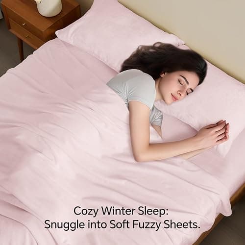 BEDELITE Flannel Sheets Queen Size Pink - Super Soft Fleece Sheets Set Fluffy Extra Plush, 4 Piece(Include Fitted Sheet, Flat Sheet, 2 Pillowcases) thumbnail 3