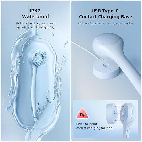 Oh,XIYU. Electric Body Brush Back Scrubber for Shower, Waterproof Long Dual Handle Power Body Scrubber with 3 Heads, Bath Brush & 2 Speeds, for Cleansing, Exfoliating and Massaging Skin, Sky Blue thumbnail 4